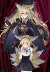 2girls absurdres ahoge animal_ears arknights belt black_skirt black_suit blonde_hair braid braided_hair_rings brown_eyes coat coat_on_shoulders curtains formal fox_ears fox_tail green_eyes hair_rings hairband hand_on_own_chest highres hongbaise_raw long_hair multiple_girls multiple_tails necktie opening_curtains red_necktie skirt suit suzuran_(arknights) tail vulpisfoglia_(arknights)