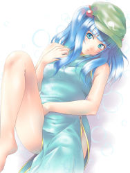 Rule 34 | 1girl, alternate costume, bad id, bad pixiv id, bare legs, blue dress, blue eyes, blue hair, china dress, chinese clothes, dress, female focus, hair bobbles, hair ornament, hat, kawashiro nitori, leg up, lying, matching hair/eyes, mochi.f, on back, side slit, solo, touhou, twintails, two side up