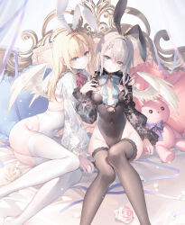 Rule 34 | 2girls, animal ears, ass, bed, black leotard, blonde hair, blue eyes, bow, bowtie, braid, breasts, brown thighhighs, bunny day, closed mouth, covered navel, fake animal ears, feathered wings, flower, hand on another&#039;s shoulder, highleg, highleg leotard, lace, lace-trimmed thighhighs, leotard, long hair, long sleeves, looking at viewer, medium breasts, multiple girls, on bed, original, parted lips, pillow, playboy bunny, puffy long sleeves, puffy sleeves, rabbit ears, rose, see-through, shrug (clothing), sitting, smile, strapless, strapless leotard, stuffed animal, stuffed rabbit, stuffed toy, thighhighs, thighs, tiara, toosaka asagi, white hair, white leotard, white thighhighs, wings