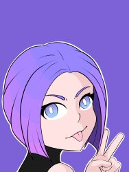 Rule 34 | bare shoulders, black dress, dress, hand up, highres, non-web source, purple background, purple eyes, purple hair, short hair, sleeveless, tongue, tongue out