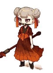 Rule 34 | 1girl, adapted costume, black eyes, brown footwear, commentary request, double bun, e.g.o (project moon), employee (project moon), full body, hair bun, hair ribbon, highres, hoshizuki sakusa, japanese clothes, kimono, light brown hair, lobotomy corporation, no nose, orange kimono, orange ribbon, project moon, ribbon, short sleeves, simple background, solo, sparkling eyes, white background
