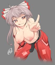 1girl :p @_(symbol) ahoge breasts collarbone cropped_legs dildo fujiwara_no_mokou grey_background grey_hair hair_ribbon highres hip_focus leaning_forward long_hair looking_at_viewer medium_breasts nanostar navel nipples nose open_pants outstretched_arm pants pointing pointing_at_viewer red_eyes red_pants ribbon sex_toy simple_background smile solo standing strap strap-on tongue tongue_out topless touhou