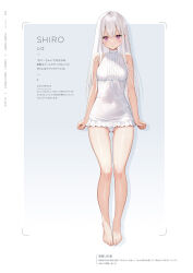 Rule 34 | 1girl, bare shoulders, barefoot, breasts, character name, frills, gradient background, highres, long hair, looking at viewer, mignon, one-piece swimsuit, original, purple eyes, shiny skin, shiro-chan (mignon), simple background, sleeveless, small breasts, solo, swimsuit, toes, white hair