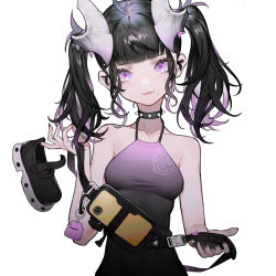 Rule 34 | 1girl, absurdres, alver, antenna hair, armpit crease, bag, bare shoulders, black collar, black footwear, black hair, black nails, charm (object), closed mouth, collar, collarbone, creatures (company), ditto, fingernails, game freak, gen 1 pokemon, highres, holding, holding bag, horns, long fingernails, long hair, mole, mole under mouth, multicolored hair, nail polish, nintendo, original, pink hair, pokemon, pokemon (creature), purple eyes, purple hair, shoe dangle, simple background, smile, solo, spiked collar, spikes, twintails, white background, white horns