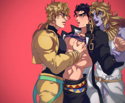 Rule 34 | 3boys, armband, black hair, blonde hair, blue eyes, blush, boy sandwich, clothes lift, colored skin, cropped jacket, dio brando, dual persona, facial mark, grabbing, heaven ascended dio, holding another&#039;s wrist, jacket, jewelry, jojo no kimyou na bouken, jojo no kimyou na bouken: eyes of heaven, kuujou joutarou, large pectorals, leotard, less end, long coat, long hair, male focus, multiple boys, muscular, muscular male, neck ring, no humans, pectoral grab, pectorals, puffy chest, purple skin, sandwiched, shirt lift, stardust crusaders, sweat, wrist cuffs, yaoi, yellow jacket