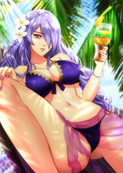 Rule 34 | 1girl, bikini, breasts, camilla (fire emblem), camilla (summer) (fire emblem), cleavage, cup, drinking glass, esther shen, fire emblem, fire emblem fates, fire emblem heroes, flower, hair flower, hair ornament, hair over one eye, holding, holding cup, large breasts, long hair, nail polish, navel, nintendo, purple eyes, purple hair, sarong, signature, solo, swimsuit, wine glass