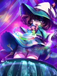Rule 34 | 1girl, bloomers, bow, brown hair, cauldron, child, clenched hand, dress, fork, hat, highres, jacket, knife, liquid, multicolored eyes, open mouth, original, sdoodlio, signature, solo, spoon, star (symbol), tassel, thighhighs, thighs, underwear, watermark, witch, witch hat