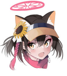 Rule 34 | 1girl, :d, animal ear fluff, animal ears, black hair, blue archive, brown eyes, brown hat, fang, flower, fox ears, hair between eyes, hair flower, hair ornament, halo, hat, highres, izuna (blue archive), izuna (swimsuit) (blue archive), long hair, looking at viewer, open mouth, simple background, smile, solo, sunflower, sunflower hair ornament, tetuw, visor cap, white background, yellow flower