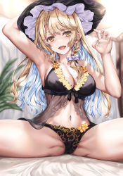 Rule 34 | 1girl, armpits, bed, black bra, blonde hair, blue hair, bow, bra, braid, breasts, commentary, hair bow, hat, hat bow, kaeranu kaeru, kirisame marisa, large breasts, lingerie, long hair, looking at viewer, multicolored hair, navel, short hair, silver hair, smile, solo, spread legs, touhou, two-tone hair, underwear, white bow, witch, witch hat, yellow eyes