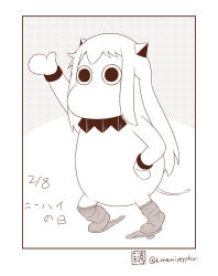 Rule 34 | (o) (o), 10s, arm up, boots, collar, commentary request, dated, hand on own hip, horns, kantai collection, kneehighs, long hair, looking at viewer, mittens, monochrome, moomin, muppo, northern ocean princess, sazanami konami, sidelocks, socks, tail, translation request, twitter username