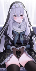 Rule 34 | 1girl, absurdres, black dress, black thighhighs, blue archive, blush, brown gloves, commentary, dress, frilled dress, frills, gloves, halo, heart, heart hands, highres, justina follower (blue archive), long hair, looking at viewer, mechanical halo, nun, purple hair, sakurako (blue archive), shirt, sleeves past wrists, smile, solo, symbol-only commentary, thighhighs, thighs, uterus pose, white shirt, yonic symbol, yuki (asayuki101)