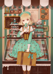 Rule 34 | 1girl, beret, binoculars, blonde hair, boots, brown eyes, bubble skirt, cafe, cake, camera, capelet, cherry, covering own mouth, cross-laced footwear, cupcake, display case, doughnut, dress, eating, feet out of frame, food, fruit, hair ribbon, hat, highres, holding, holding food, holding ice cream, holding suitcase, ice cream, ice cream cone, jar, lace-up boots, lanyard, long sleeves, macaron, mint chocolate, original, pantyhose, picture frame, polka dot, polka dot dress, ribbon, short hair, sign, skirt, sleeve cuffs, solo, striped wall, suitcase, tiered tray, whipped cream, yunoto (conceit)
