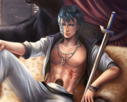 Rule 34 | 1boy, abs, arrancar, bleach, bleeding, blood, blue eyes, blue hair, chain, couch, curtains, fan yang (jiuge), grimmjow jaegerjaquez, injury, jewelry, katana, lips, looking at viewer, male focus, matching hair/eyes, necklace, number tattoo, open clothes, open shirt, realistic, shirt, short hair, sitting, solo, sword, tattoo, unsheathed, weapon, wristband