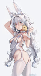 Rule 34 | &gt; &lt;, + +, 1girl, absurdres, animal, animal ear fluff, animal ears, animal on shoulder, ass, azur lane, bare shoulders, braid, breast curtains, breasts, choker, crotchless, crotchless pantyhose, dolechan, fake animal ears, fake tail, from side, highres, le malin (azur lane), le malin (listless lapin) (azur lane), leotard, long hair, looking at viewer, low twin braids, manjuu (azur lane), o-ring, o-ring choker, official alternate costume, pantyhose, playboy bunny, rabbit ears, rabbit tail, simple background, small breasts, solo, standing, tail, twin braids, white background, white leotard, white pantyhose, wrist cuffs