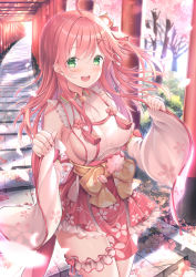 Rule 34 | 1girl, :d, ahoge, bell, blush, bow, breasts, commentary request, detached sleeves, floral print, green eyes, hair bell, hair between eyes, hair ornament, hairclip, highres, hololive, japanese clothes, jingle bell, kimono, long hair, long sleeves, looking at viewer, medium breasts, miko, multiple torii, nail polish, one side up, open mouth, pinching sleeves, pink hair, pink nails, pleated skirt, print skirt, red skirt, sakura miko, sakura miko (1st costume), shirakawako, sideboob, skirt, smile, solo, teeth, torii, tree, upper teeth only, virtual youtuber, white kimono, white sleeves, wide sleeves, x hair ornament, yellow bow