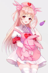 Rule 34 | 1girl, absurdres, apron, bad id, bad twitter id, bandages, blush, commentary request, hair ornament, hat, heart, highres, lebring, light brown hair, long hair, looking at viewer, natori sana, nurse cap, open mouth, pink apron, pink hat, puffy short sleeves, puffy sleeves, rabbit hair ornament, red eyes, sana channel, short sleeves, smile, solo, two side up, virtual youtuber