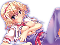 Rule 34 | 1girl, alice margatroid, breast hold, breasts, breasts squeezed together, cleavage, female focus, large breasts, oohira sansetto, oohira sunset, open clothes, open shirt, shirt, solo, touhou