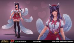 Rule 34 | 3d, adapted uniform, ahri (league of legends), animal ears, bell, blair armitage, email address, highres, jingle bell, league of legends, multiple tails, purple hair, school uniform, skirt, solo, suspender skirt, suspenders, tail, thighhighs, yellow eyes