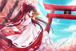 Rule 34 | 1girl, ascot, bad id, bad pixiv id, bai kongque, bird, blue sky, bow, brown hair, cherry blossoms, cloud, day, detached sleeves, dove, female focus, hair bow, hair tubes, hakurei reimu, long hair, looking at viewer, ofuda, outdoors, ponytail, red eyes, skirt, skirt hold, skirt set, sky, solo, torii, touhou, tree, very long hair