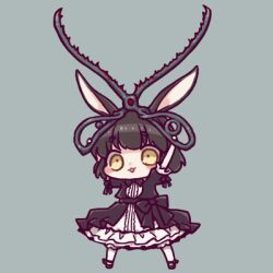 Rule 34 | 1girl, :3, \o/, animal ears, arms up, black bow, black bowtie, black dress, black footwear, black hair, bow, bowtie, center frills, chibi, commentary request, dated commentary, dress, dress bow, frilled dress, frills, full body, grey background, holding, holding scissors, legs apart, looking at viewer, lowres, medium hair, open mouth, original, outstretched arms, puffy short sleeves, puffy sleeves, rabbit ears, rakuni, scissors, short sleeves, simple background, solo, standing, thick eyebrows, white dress, yellow eyes