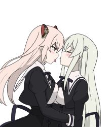 Rule 34 | 2girls, after kiss, assault lily, asymmetrical docking, black ribbon, black skirt, blush, breast press, breasts, cropped jacket, egawa kusumi, endou araya, face-to-face, facing another, floating hair, flower, from side, grey hair, hair between eyes, hair flower, hair ornament, hairpods, hand on another&#039;s waist, high-waist skirt, juliet sleeves, kimassi, large breasts, long hair, long sleeves, looking at another, medium breasts, multiple girls, neck ribbon, parted lips, pink hair, profile, puffy sleeves, raised eyebrows, red eyes, ribbon, saliva, saliva trail, school uniform, sidelocks, skirt, standing, tongue, tongue out, upper body, very long hair, white flower, yuri, yurigaoka girls academy school uniform