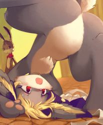 Rule 34 | 1boy, 1girl, :3, ancesra, animal ear fluff, animal hands, animal nose, apron, armpits, artist name, blonde hair, blue headwear, blush, body fur, brown fur, capelet, completely nude, flat chest, frilled apron, frills, furry, furry female, furry male, grey fur, hat, highres, indoors, leg lift, leg up, meril (odin sphere), no pussy, nude, odin sphere, open mouth, patreon username, pawpads, pooka (odin sphere), rabbit boy, rabbit ears, rabbit girl, rabbit tail, red capelet, red eyes, short hair, sidelocks, solo focus, spread legs, standing, sweat, two-tone fur, unworn apron, watermark, web address, white apron, white fur, wide-eyed
