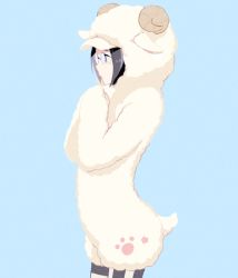 Rule 34 | 10s, 1boy, animal costume, arched back, black hair, blue background, closed mouth, egawa satsuki, from side, idolmaster, idolmaster side-m, male focus, okamura nao, purple eyes, sheep costume, simple background, tearing up