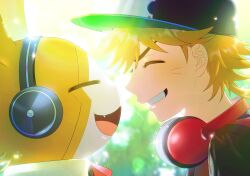 Rule 34 | 1boy, absurdres, asuka torajirou, baseball cap, blonde hair, blurry, blurry background, closed eyes, day, digimon, digimon (creature), digimon universe: appli monsters, facial mark, facing another, fang, hat, headphones, headphones around neck, highres, musimon, ojing oppa (o b s 00), open mouth, outdoors, profile, smile, sunlight, whisker markings
