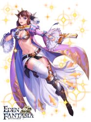 Rule 34 | 1girl, belt, boots, box (hotpppink), breasts, brown hair, cleavage, dual wielding, eden fantasia, frilled sleeves, frills, gloves, gun, holding, jacket, medium breasts, official art, open clothes, open jacket, purple eyes, sandy (eden fantasia), shorts, solo, thighhighs, weapon, white gloves, white thighhighs, wide sleeves