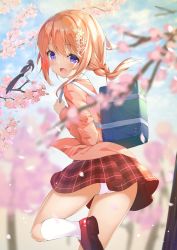 Rule 34 | 1girl, :d, bag, blazer, blurry, blurry background, blurry foreground, blush, braid, branch, brown flower, brown hair, brown jacket, cherry blossoms, commentary request, day, flower, gochuumon wa usagi desu ka?, hair between eyes, hair flower, hair ornament, highres, hoto cocoa, jacket, kneehighs, loafers, long hair, looking at viewer, looking back, open clothes, open jacket, open mouth, outdoors, panties, pink flower, plaid, plaid skirt, pleated skirt, purple eyes, red footwear, red skirt, school bag, school uniform, shiraki shiori, shoe soles, shoes, skirt, smile, socks, solo, standing, standing on one leg, tree, underwear, white panties, white socks