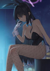 Rule 34 | 1girl, absurdres, black hair, black leotard, black pantyhose, blue archive, blue bow, blue bowtie, blush, bow, bowtie, breasts, cleavage, closed mouth, commentary, dark-skinned female, dark skin, detached collar, english commentary, fishnet pantyhose, fishnets, gloves, halo, highres, karin (blue archive), karin (bunny) (blue archive), large breasts, leotard, long hair, looking at viewer, lordol, pantyhose, playboy bunny, ponytail, sitting, solo, white gloves, yellow eyes