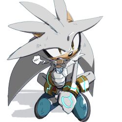 Rule 34 | 1boy, boots, candy, food, furry, furry male, gloves, hedgehog, highres, holding, holding food, male focus, miijiu, quill, silver the hedgehog, solo, sonic (series), teeth, white background, white fur, yellow eyes