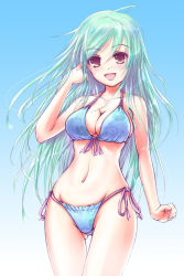 Rule 34 | 1girl, bikini, blush, breasts, brown eyes, cleavage, gradient background, green hair, ina (urobronai), long hair, looking at viewer, navel, open mouth, original, smile, solo, standing, swimsuit