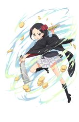 Rule 34 | 1girl, black footwear, black hair, boots, chestnut mouth, cutting, eyebrows, flower, forehead, frilled skirt, frills, full body, hair flower, hair ornament, highres, holding, holding plate, knife, looking at viewer, motion blur, official art, plate, princess principal, princess principal game of mission, skirt, slicing, solo, standing, standing on one leg, toudou chise, transparent background, white skirt, wide sleeves