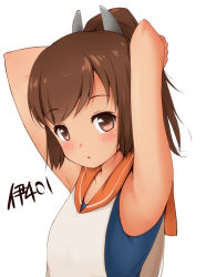 Rule 34 | 10s, 1girl, armpits, arms up, bare shoulders, blush, brown eyes, brown hair, highres, i-401 (kancolle), kantai collection, looking at viewer, one-piece swimsuit, open mouth, personification, ponytail, red eyes, sailor collar, school swimsuit, school uniform, short hair, short ponytail, solo, suke (momijigari), swimsuit, swimsuit under clothes