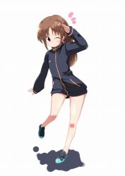 Rule 34 | 1girl, bare legs, female focus, full body, jacket, long sleeves, naked jacket, saki (manga), simple background, solo, takakamo shizuno, track jacket, white background