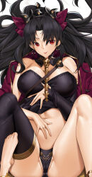 Rule 34 | 2girls, :p, black dress, black hair, black panties, black thighhighs, bow, breasts, clothes lift, cosplay, costume switch, dakimakura (medium), dress, dress lift, earrings, fate/grand order, fate (series), hair bow, highres, hoop earrings, ishtar (fate), jewelry, large breasts, long hair, looking at viewer, lying, multiple girls, navel, on back, panties, purple bow, red eyes, siblings, single thighhigh, sisters, solo focus, thighhighs, tiara, tongue, tongue out, tony guisado, underwear