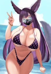 Rule 34 | 1girl, animal ears, bikini, black mask, blood hood, blue sky, borrowed character, bracelet, breasts, checkered bikini, checkered clothes, cleavage, cloud, commentary, cowboy shot, curvy, english commentary, glasses, hand up, highleg, highleg bikini, highres, horizon, huge breasts, jewelry, long hair, looking at viewer, mask, mitsuki (hanns33694210), mouth mask, nail polish, navel, original, outdoors, print mask, purple bikini, purple eyes, purple hair, round eyewear, second-party source, shadow, sky, solo, swimsuit, tail, v, very long hair, white nails, wide hips, wolf ears, wolf tail