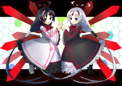 Rule 34 | 2girls, ahoge, alternate color, black hair, bow, dress, dual persona, expressionless, forehead jewel, frilled dress, frills, hair tubes, holding hands, interlocked fingers, inverted colors, long hair, multiple girls, neon trim, purple eyes, smile, twintails, under night in-birth, vatista, very long hair, white hair, wide sleeves, wings, yusano