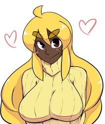 Rule 34 | 1girl, ahoge, blonde hair, blush, breasts, dark-skinned female, dark skin, eyebrows, female focus, heart, highres, impossible clothes, impossible sweater, kirbila (yellow kirby), large breasts, long hair, looking at viewer, mole, mole under eye, orange hair, original, red eyes, ribbed sweater, sidelocks, simple background, smile, solo, sweater, thick eyebrows, turtleneck, upper body, white background, yellow kirby