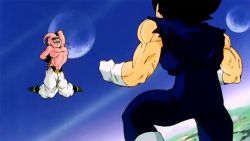 Rule 34 | 1990s (style), 2boys, animated, animated gif, belt, black hair, boots, colored skin, dancing, dragon ball, dragonball z, gloves, lowres, majin buu, male focus, monster, multiple boys, pink skin, taunting, vegeta