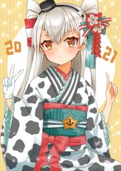 Rule 34 | 1girl, 2021, alternate costume, amatsukaze (kancolle), anchor symbol, brown eyes, cocoperino, commentary request, cowboy shot, gloves, hair tubes, highres, index finger raised, japanese clothes, kantai collection, kimono, long hair, obi, sash, silver hair, single glove, smokestack hair ornament, solo, striped, striped background, two side up, v, white gloves
