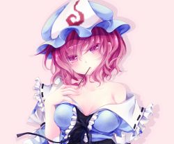 Rule 34 | 1girl, bad id, bad nicoseiga id, bare shoulders, breasts, cleavage, collarbone, female focus, fingernails, food, hat, head tilt, highres, japanese clothes, lips, looking at viewer, medium breasts, mikazuki sara, mob cap, mouth hold, off shoulder, pink eyes, pink hair, pocky, saigyouji yuyuko, short hair, simple background, solo, touhou, upper body