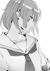 Rule 34 | 1girl, closed mouth, commentary, english commentary, greyscale, j.k., looking down, monochrome, monochrome, neckerchief, original, profile, sailor collar, school uniform, serafuku, short hair, short sleeves, simple background, smile, solo, upper body, white background