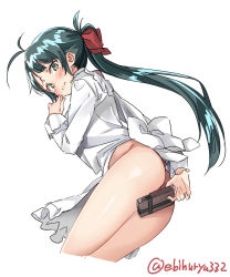 Rule 34 | 1girl, ahoge, ass, blush, bow, box, breasts, covering privates, covering ass, cropped legs, dress, ebifurya, from behind, from below, frown, gift, gift box, highres, holding, holding gift, irako (kancolle), kantai collection, leaning forward, long hair, long sleeves, looking at viewer, looking back, no panties, nopon, ponytail, shiny skin, simple background, solo, tearing up, tears, thighs, twitter username, upskirt, very long hair, wavy mouth, white background, white bow, white dress