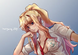 Rule 34 | 1girl, blonde hair, blue background, blue eyes, blush, breasts, cleavage, close-up, collared shirt, cosplay, dutch angle, gradient background, grin, hair intakes, hand to head, head tilt, high ponytail, highres, large breasts, lips, long hair, looking at viewer, macross, macross frontier, necktie, open clothes, open shirt, parted lips, pink lips, ponytail, red necktie, ryu (masu nantoka-san), saotome alto, saotome alto (cosplay), school uniform, sheryl nome, shirt, short sleeves, sidelocks, smile, solo, tomboy, upper body, white shirt