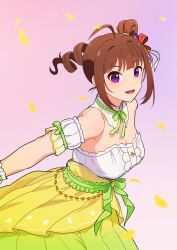 Rule 34 | 1girl, ahoge, armband, breasts, brown hair, commentary, detached collar, drill hair, frilled armband, frills, gloves, green ribbon, hair ribbon, high-waist skirt, highres, idolmaster, idolmaster million live!, kamille (vcx68), leaning forward, looking at viewer, medium breasts, medium hair, medium skirt, neck ribbon, open mouth, outstretched arms, petals, purple eyes, red ribbon, ribbon, shirt, side drill, side ponytail, skirt, smile, solo, spread arms, standing, strapless, strapless shirt, white gloves, white shirt, yellow skirt, yokoyama nao