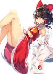Rule 34 | 1girl, absurdres, ascot, ass, bad id, bad pixiv id, bare shoulders, bow, brown eyes, brown hair, closed mouth, detached sleeves, dress, eyebrows, gohei, hair bow, hair ornament, hair tubes, hakurei reimu, highres, holding, legs, legs up, looking at viewer, midair, red dress, ribbon, ribbon-trimmed sleeves, ribbon trim, short hair, sidelocks, skirt, skirt set, smile, solo, suminagashi, touhou, wide sleeves, yin yang