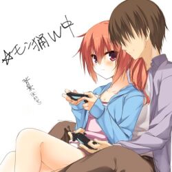 Rule 34 | 1boy, 1girl, 8kumagawa (log), arms around waist, bare legs, blue jacket, blush, breasts, brown hair, casual, closed mouth, collarbone, commentary request, couple, embarrassed, fringe trim, hair between eyes, handheld game console, hands up, hoshina shuuji, hug, inaba meguru, jacket, long hair, looking at another, looking to the side, lowres, no eyes, orange hair, pink shirt, playing games, ponytail, red eyes, sanoba witch, shirt, short hair, sidelocks, simple background, sitting, sitting on person, sleeves past wrists, small breasts, white background