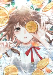 1girl absurdres ahoge blurry brown_eyes brown_hair commentary english_commentary food fruit highres holding_orange motimoti067 open_mouth orange_(fruit) orange_slice original red_ribbon ribbon shirt solo underwater water water_drop white_shirt